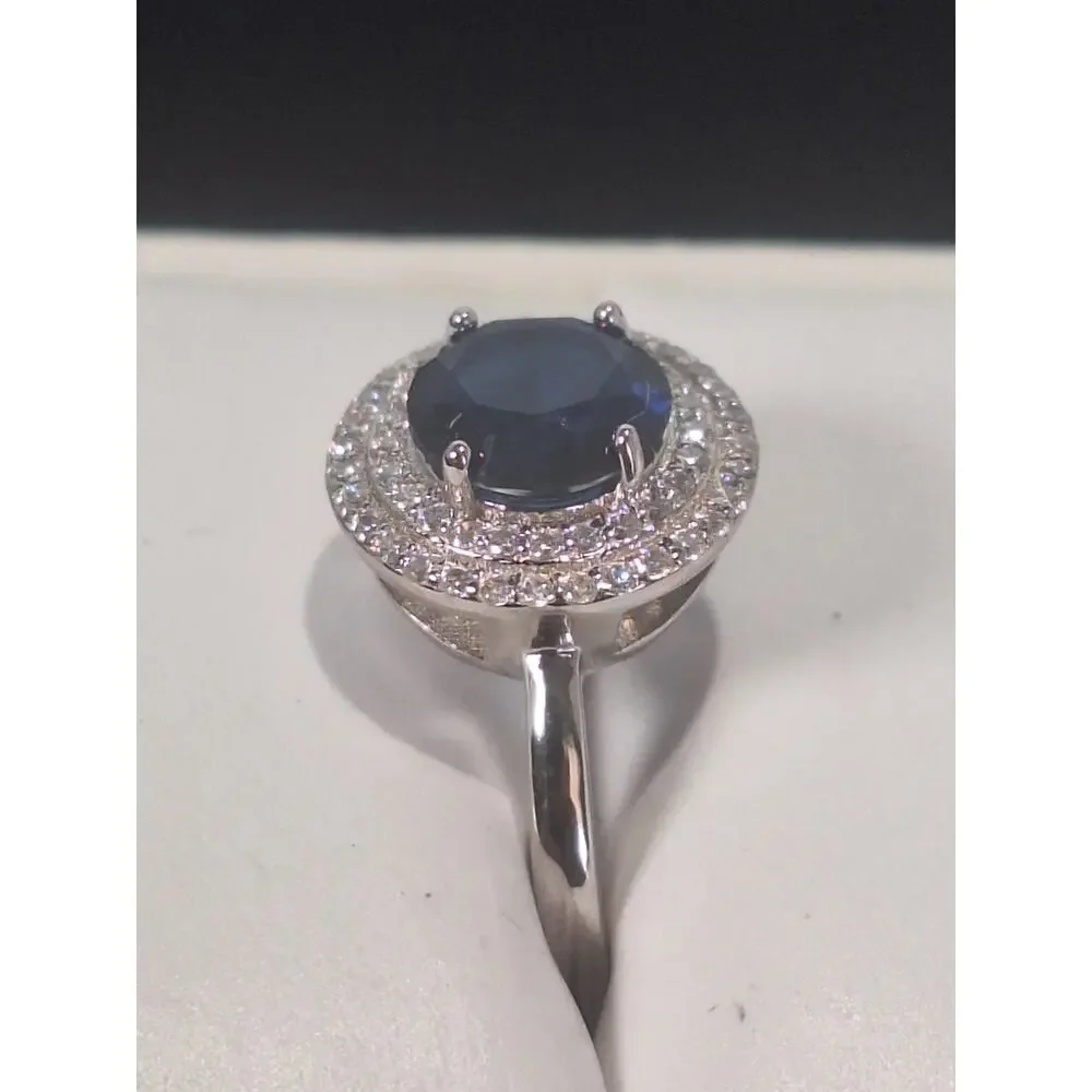 925 Sterling Silver 2.20ct Sapphire Halo Ring Round Blue Size 6.25 NIB